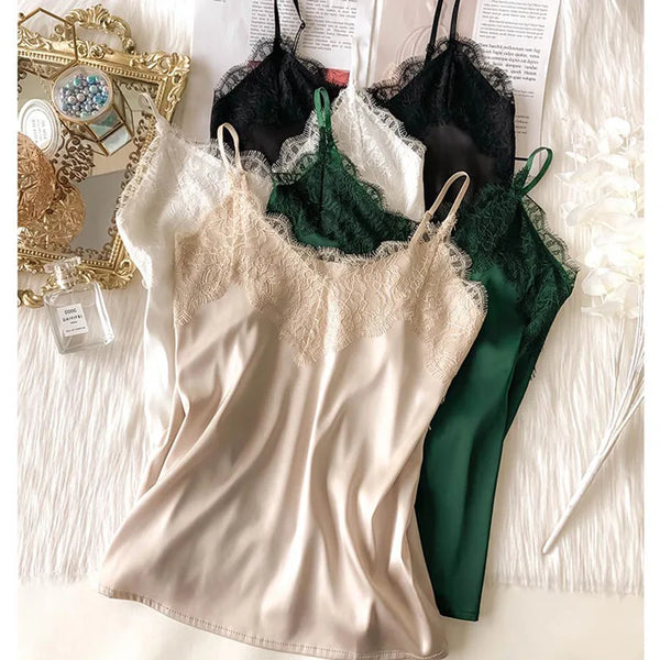 Satin Lace Camisole V-Neck Tank Top for Women - Summer Sleeveless Slim Fit Casual Soft Silk Top